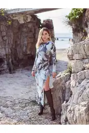 X ahika Ercmen - Pencil Dress Long Sleeve Stand Collar Slit