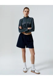 Raised College Crop Sweatshirt Zippered Stand Collar Printed