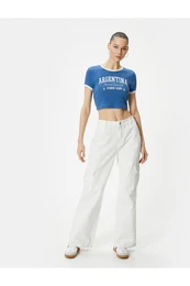 Argentina Crop T-Shirt Piping Printed Short Sleeve Crew Neck Cotton