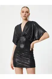 Mini Shiny Evening Dress Bat Sleeve V Neck Slim Fit