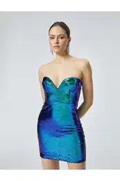 Sequined Mini Strapless Dress Sweetheart Neck Slim Fit