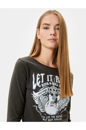 Music Theme Printed Round Neck Long Sleeve T-Shirt Cotton