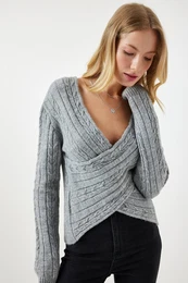 Happiness stanbul Women's Gray Wrapover Neck Seasonal Knitwear Sweater