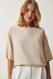 Happiness stanbul Women's Cream Crew Neck Flowy Viscose Blouse