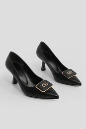 Women's Pointed Toe Buckle Thin Heel Classic Heel Shoes Elsem Black