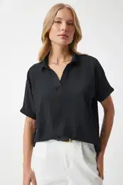 Happiness stanbul Women's Black Polo Neck Knitted Crinkle Blouse