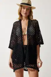 Happiness stanbul Women's Black Perforated Bat Sleeve Seasonal Knitwear Cardigan