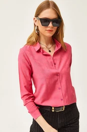 Women's Floral Fuchsia Jacquard Satin Detailed Woven Shirt