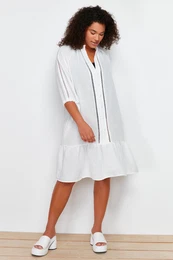 Curve White V-Neck Flounce Hem Button Detailed Beach Dress