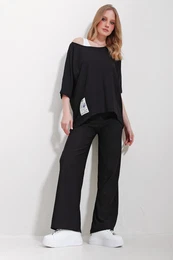 Trend Alaat Stili Women's Black Boat Neck Blouse And Palazzo Trousers 3-Piece Suit