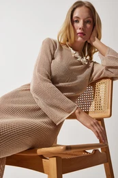Happiness stanbul Women's Dark Beige Openwork Transparent Long Knitwear Dress