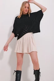 Trend Alaat Stili Women's Black Boat Neck Openwork Bat Sleeve Knitwear Blouse