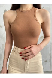 BKELFE Women's Ribbed Halter Neck Fitted/Situated Zero Sleeve Blouse