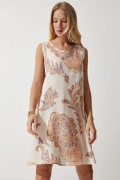 Happiness stanbul Women's Cream Peach Patterned Linen Viscose Mini Dress