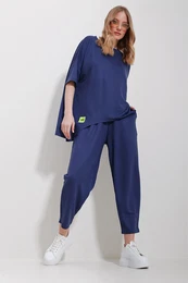 Trend Alaat Stili Women's Indigo Crew Neck Asymmetric Cut Coated Blouse And Trousers Suit