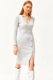 Women's Gray Double Breasted Collar Slit Button Detailed Raised Dress