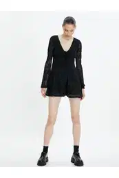 Mini Tulle Jumpsuit Dress V-Neck Long Sleeve Lined