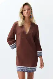 Brown Mini Woven Stripe Accessory 100% Cotton Beach Dress