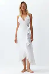 White Belted Midi Woven Flounce Beach Dress