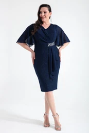 Women's Navy Blue V-Neck Short Sleeve Plus Size Midi Evening Dress
