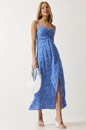 Happiness stanbul Women's Blue Strap Patterned Viscose Dress