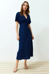 Navy Blue A-Line Bodice Detailed V-Neck Maxi Woven Dress