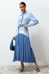 Blue Color Block Woven Shirt Dress