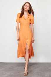Orange Midi Woven Shirt Dress