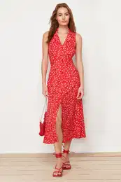 Red Floral Viscose Midi Woven Dress