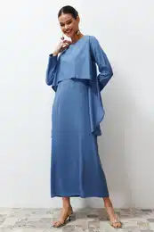 Blue Plain Aller Detailed Woven Dress