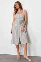 Ecru Buttoned Striped Linen Look Midi Woven Dress