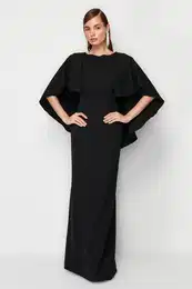 Black Sleeve Detailed Woven Evening Dress