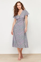 Green Floral Patterned A-line V-neck 100% Viscose Midi Woven Dress