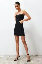 Limited Edition Black Button Detailed Strapless Mini Denim Dress