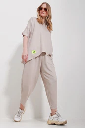Trend Alaat Stili Women's Beige Crew Neck Asymmetrical Cut Embroidered Blouse and Trousers Set