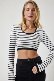 Happiness stanbul Women's White Striped Ribbed Crop Knitwear Blouse