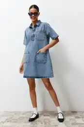 Blue Pocket Detail Oversize Mini Denim Shirt Dress