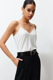 White Lace Detail V Neck Strappy Elastic Knitted Blouse