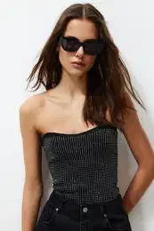 Black Strapless Stone Embroidered Knitwear Blouse