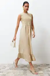 Beige Frilled Skirted Jersey-Poplin Sleeveless Knitted Undershirt Dress