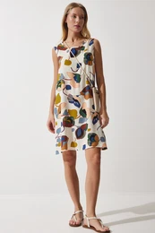 Happiness stanbul Women's Cream Oil Green Patterned Linen Viscose Mini Dress