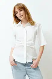 Ecru Front Gather Detailed Short Sleeve Fitted Woven Shirt