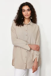 Beige Cuff Detailed Woven Shirt