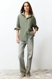 Dark Khaki Single Pocket Boyfriend Woven Cotton Shirt