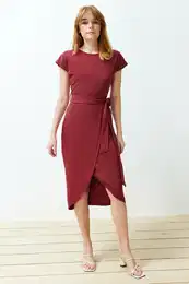 Burgundy 100% Cotton Double Breasted Closure Belt Detailed Midi Knitted Dress