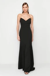 Black Fitted Woven Elegant Evening Dress