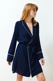 Navy Blue Belted Piping Detailed Viscose Woven Dressing Gown