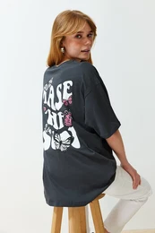 Anthracite Front and Back Printed Oversize/Wide Fit Crew Neck Knitted T-Shirt