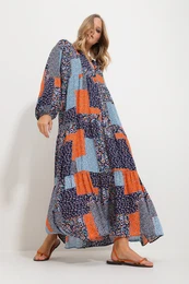 Trend Alaat Stili Women's Blue-Orange Grand Collar Shawl Patterned Maxi Length Dress