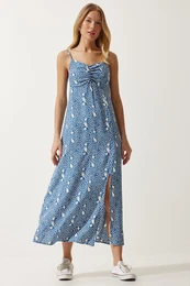 Happiness stanbul Women's Indigo Blue Strap Patterned Viscose Dress